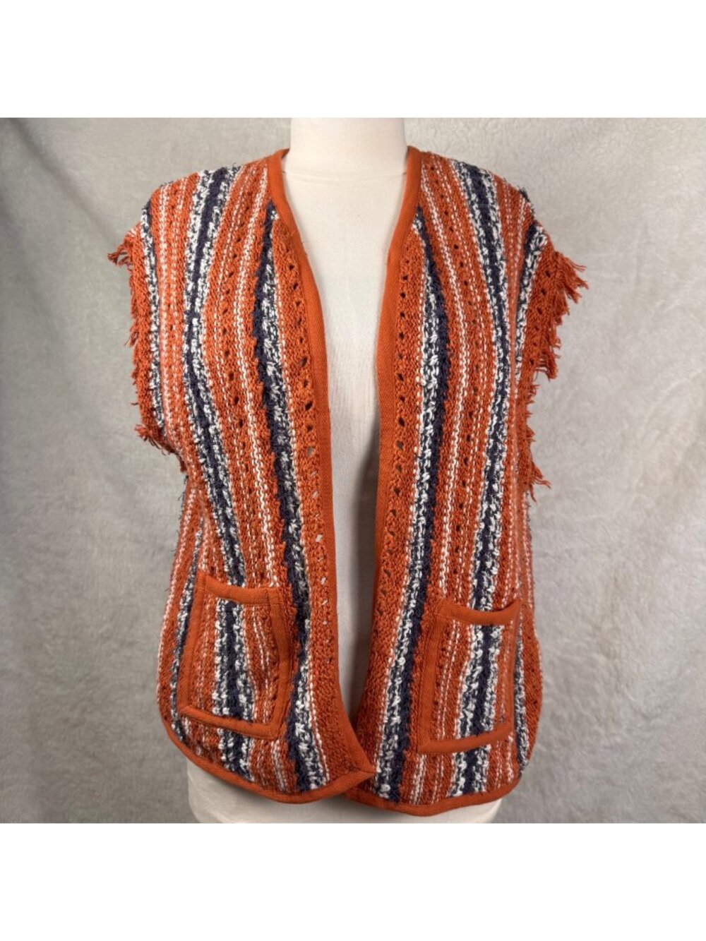 Pilcro Anthropologie small Open Knit Fringe Cardigan Sweater Vest Rust orange